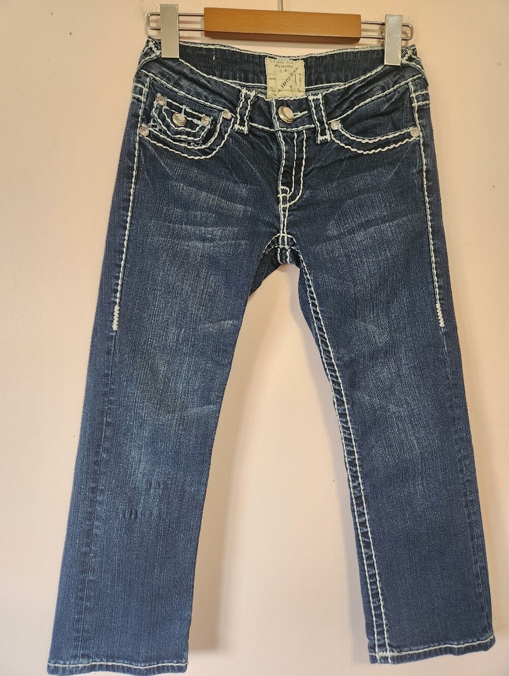 LA Idol Y2K McBling Thick Stitch Rhinestone Flap Pocket Denim Cropped Jeans 1/25